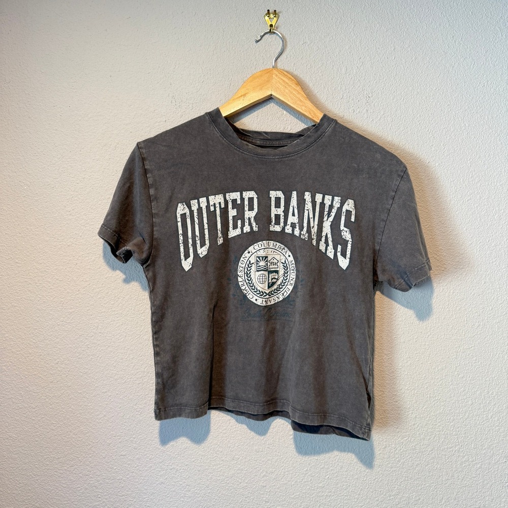 Social Culture Outer Banks Graphic T-Shirt Charcoal Gray Acid Wash Medium
